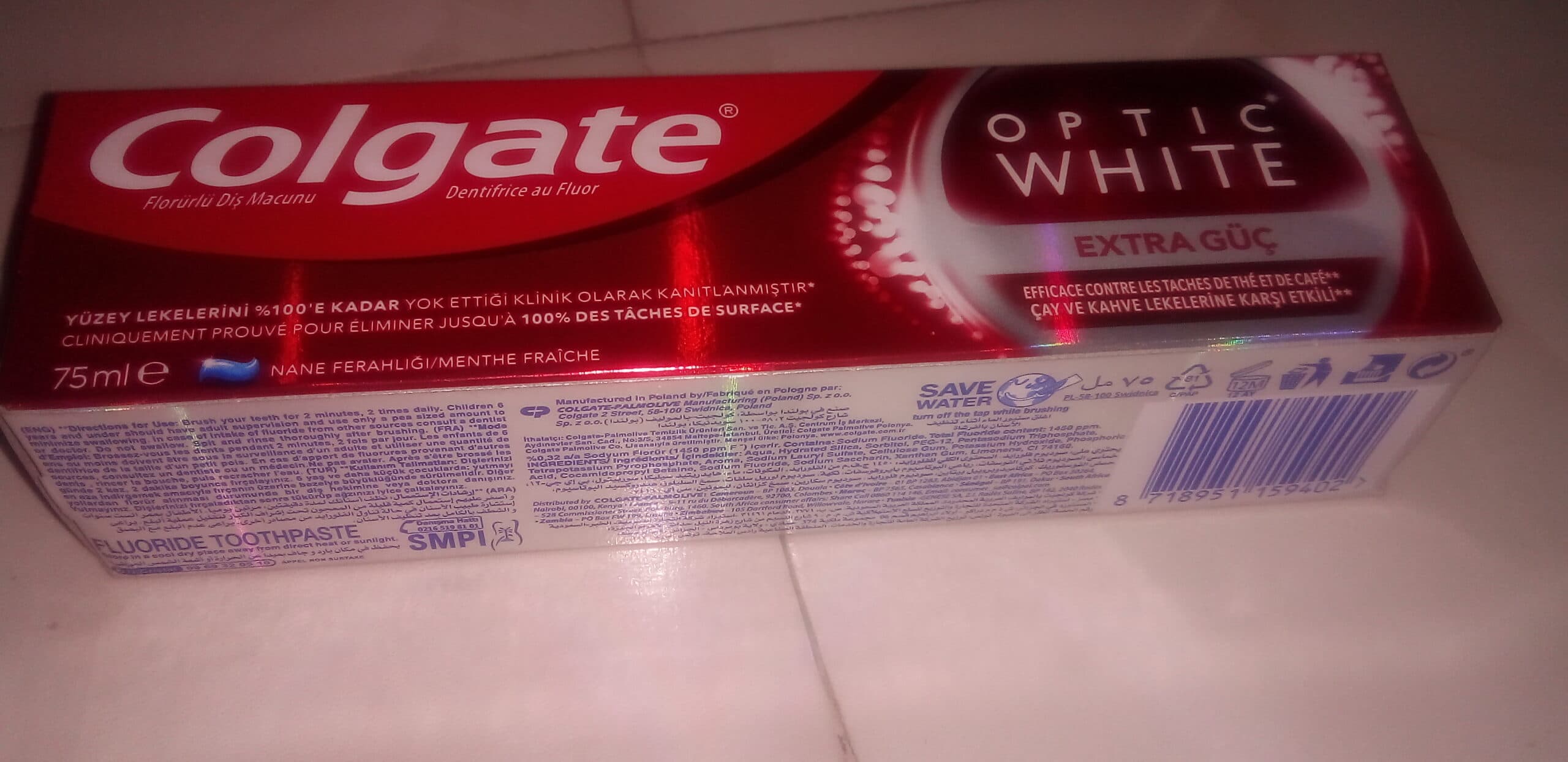 خمیر دندان کلگیت optic white مدل Extra power حجم 75 میل