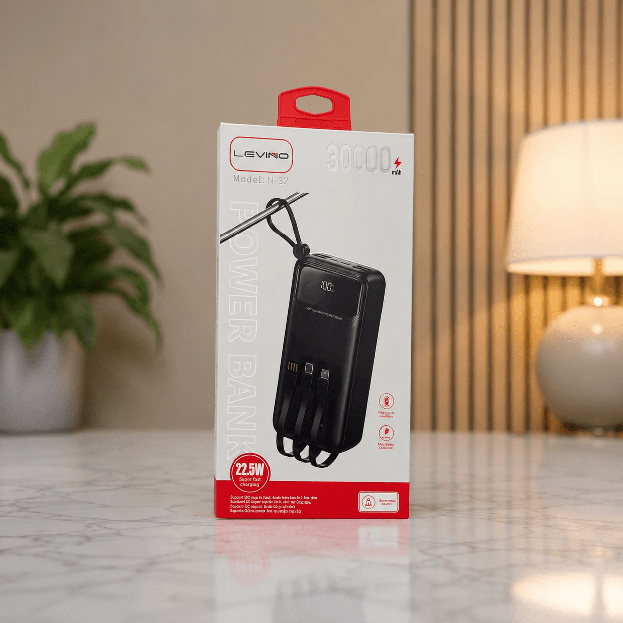 پاور بانک 30000 میلی آمپر فست شارژ 22.5 وات کابل سرخود