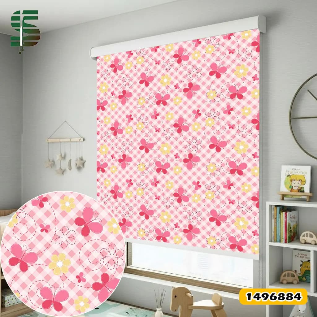 پرده شید کودک کد 1496884 طرح پروانه صورتی و گل زرد — تصویر ۴