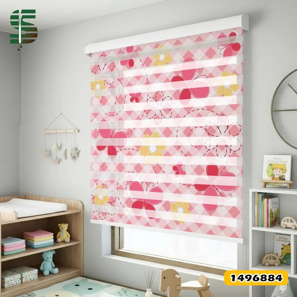 پرده زبرا کودک کد 1496884 طرح پروانه صورتی و گل زرد