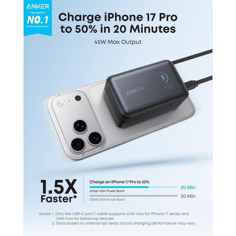 پاوربانک 45 واتی 10000 میلی آمپر انکر Anker PowerBank 737 10K 45W Built-In USB-C Cable مدل A1638 — تصویر ۵