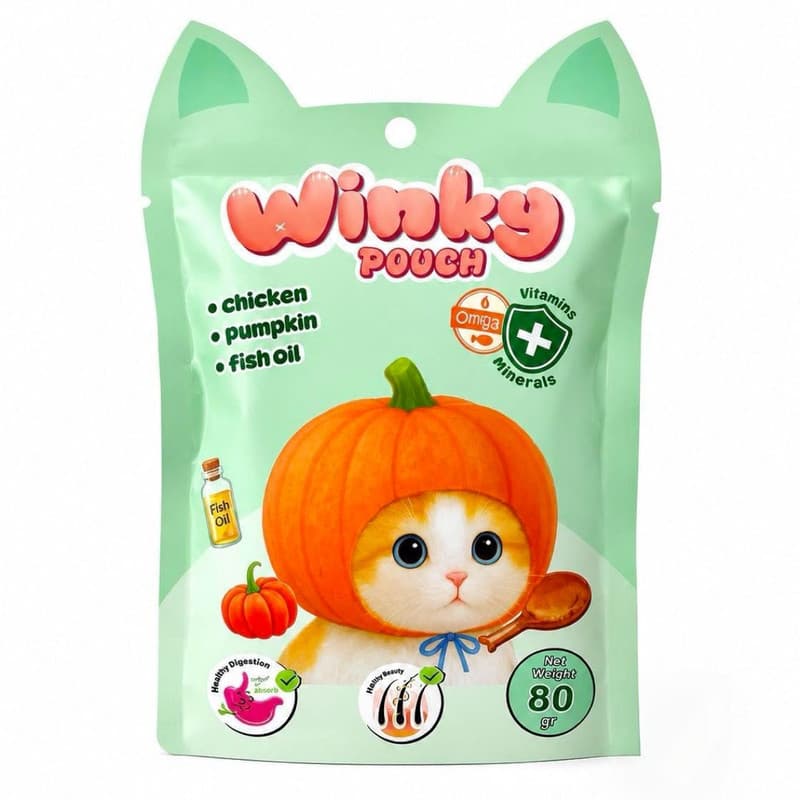 پوچ گربه وینکی طرح گرین طعم مرغ و کدو حلوایی و روغن ماهی وزن 80 گرم — تصویر ۴