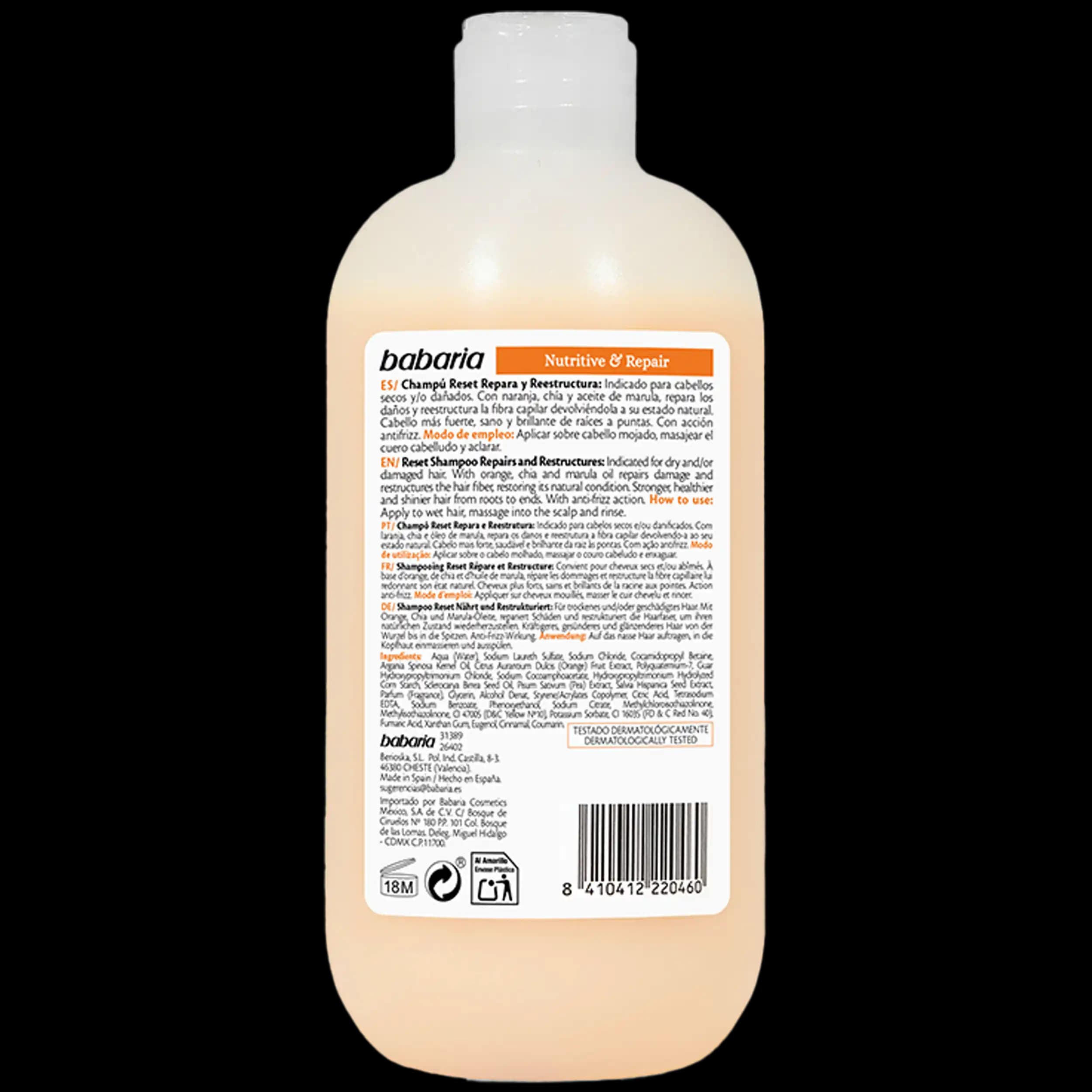 شامپو مغذی و ترمیم کننده مو باباریا | Babaria Nutritive & Repair Reset Shampoo 500ml — تصویر ۳