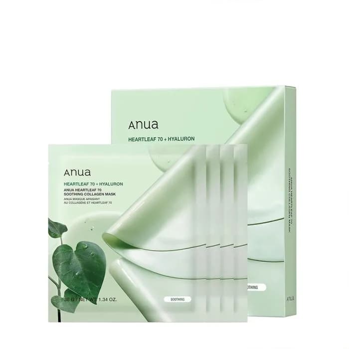ماسک ورقه ای تسکین دهنده و آبرسان کلاژن دار آنوا Anua مدل Heartleaf 70 Soothing بسته 4 عددی — تصویر ۲