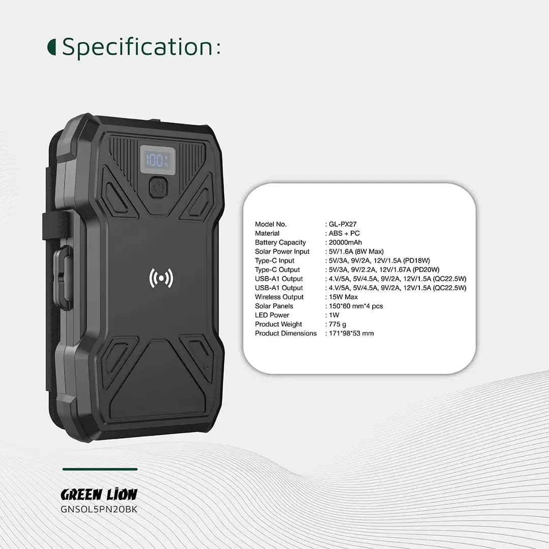 پاور بانک خورشیدی 30000 گرین لاین Green Lion Solar 5-Panel GNSOL5PN30BK — تصویر ۱۱