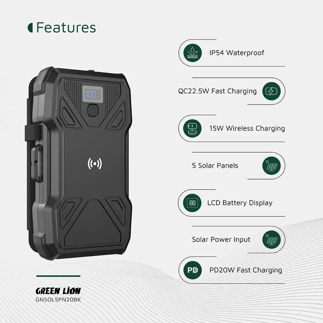 پاور بانک خورشیدی 30000 گرین لاین Green Lion Solar 5-Panel GNSOL5PN30BK — تصویر ۱۲