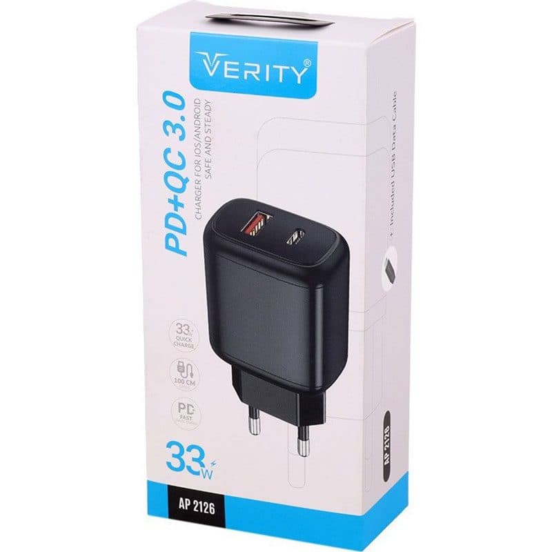 شارژر دیواری فست و PD وریتی مدل AP2126 33W به همراه کابل شارژ Type-C کد 4206 — تصویر ۵