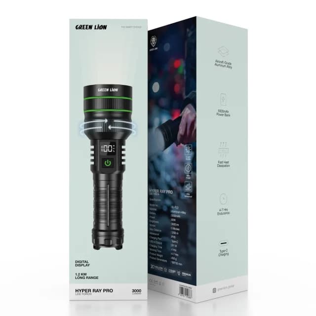 چراغ قوه شارژی ضد آب 3000 لومن گرین لاین Green Lion Hyper Ray Pro LED Torch — تصویر ۱۰