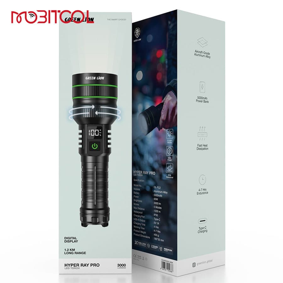چراغ قوه شارژی ضد آب 3000 لومن گرین لاین Green Lion Hyper Ray Pro LED Torch — تصویر ۹