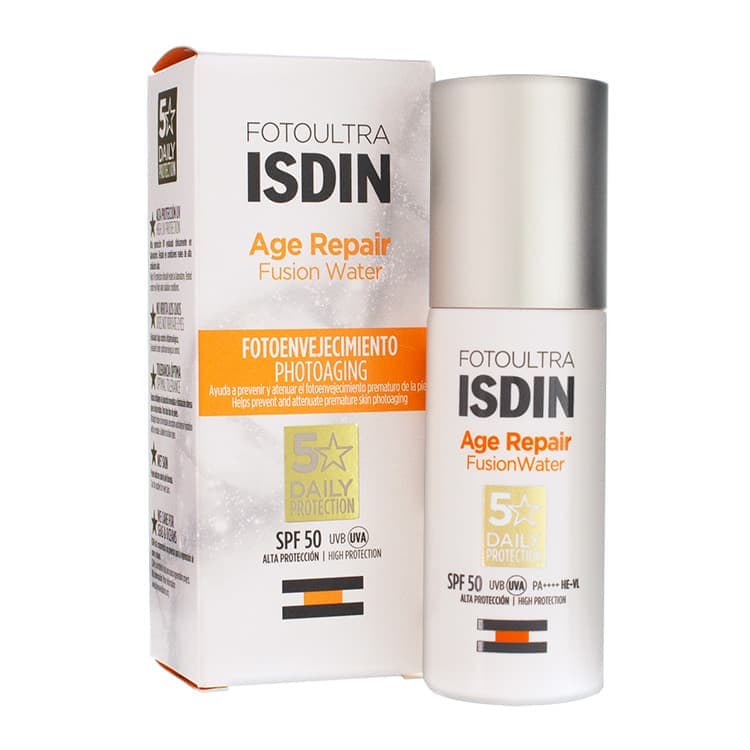 ضدآفتاب ضدپیری بی رنگ ایزدین SPF50 مدل Age Repair Fusion Water ظرفیت 50 میل