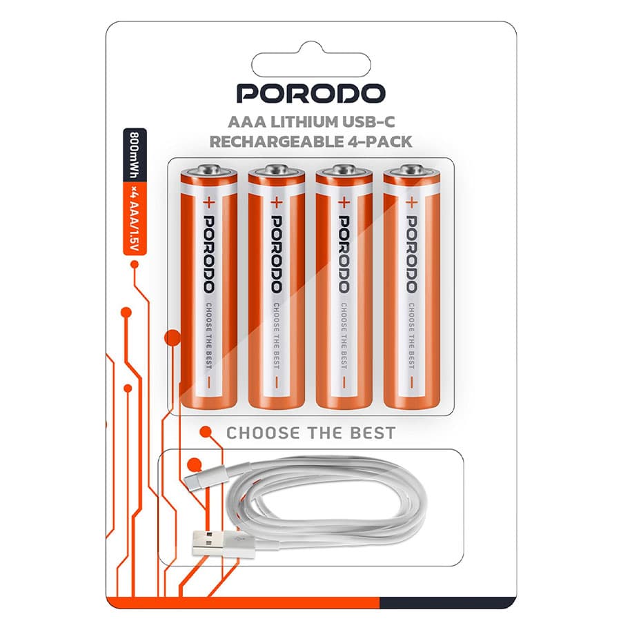 باتری نیم قلمی شارژی پرودو پک چهار تایی Porodo AAA Lithium USB-C Rechargeable 4-Pack PDAAA8RB
