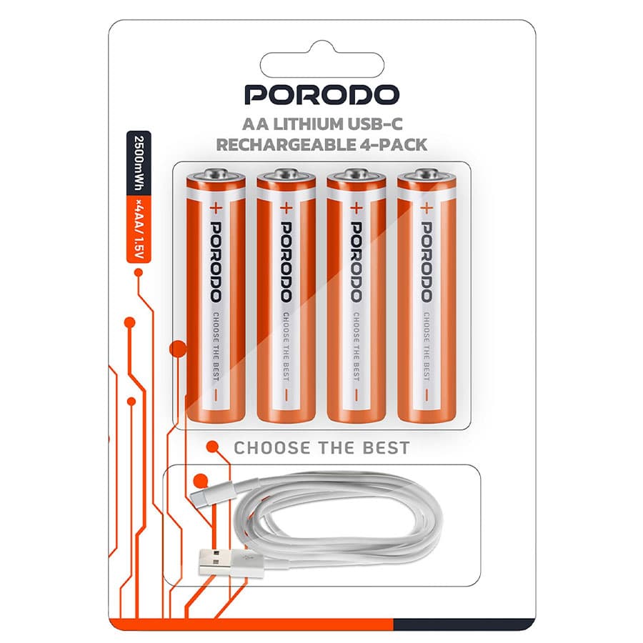 باتری قلمی شارژی پرودو پک چهار تایی Porodo AA Lithium USB-C Rechargeable 4-Pack PDAA25RB