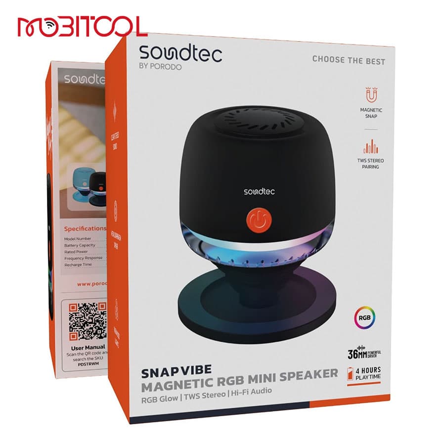 اسپیکر بلوتوث مگنتی پرودو Porodo Soundtec Snap Vibe Magnetic RGB Mini Speaker — تصویر ۵