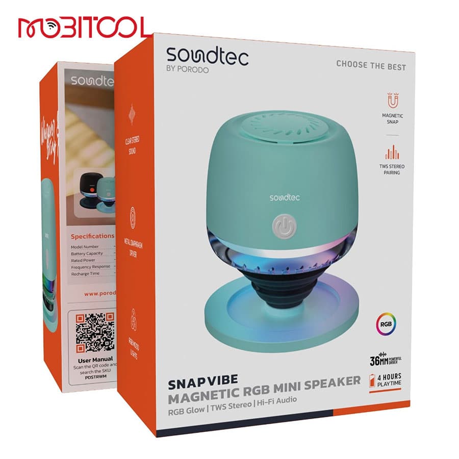 اسپیکر بلوتوث مگنتی پرودو Porodo Soundtec Snap Vibe Magnetic RGB Mini Speaker — تصویر ۶