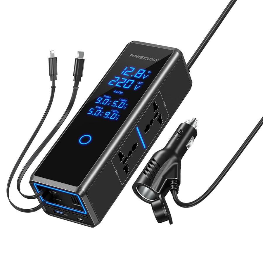 اینورتر فندکی خودرو 300 وات پاورولوژی با کابل جمع شونده Powerology 300W x2 AC Socket Car Power Inverter PWCPI300W