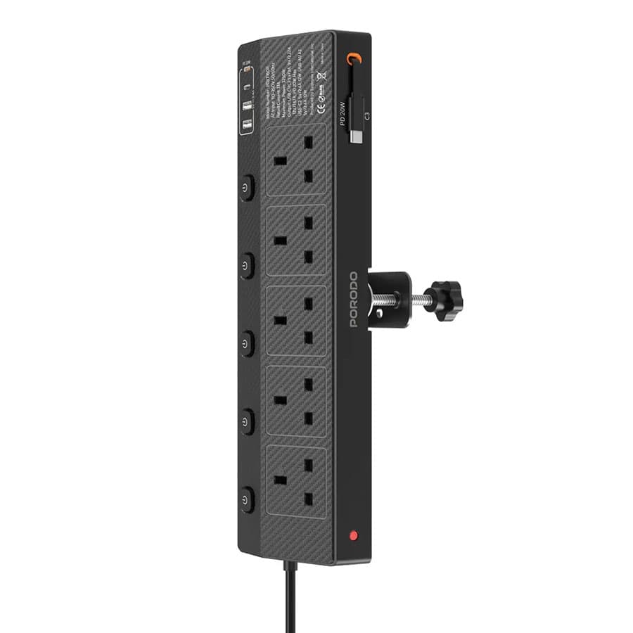 چندراهی و محافظ برق 3250 وات پرودو همراه با گیره میز Porodo Voltguard Multi-Port Power Socket PD 20W PDXT16011