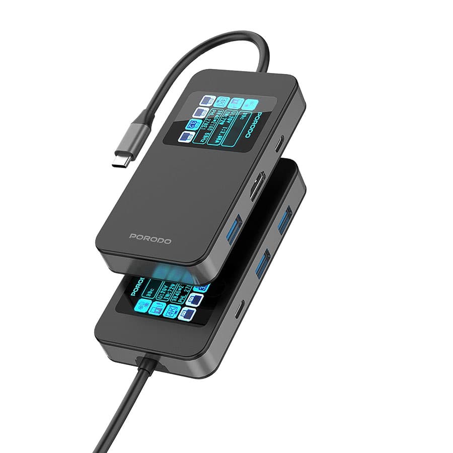 هاب تایپ سی هوشمند 6 پورت 100 وات پرودو Porodo 6 In 1 Multi-Port USB-C Hub Smart Digital Display PDTC630