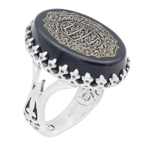 انگشتر عقیق مشکی نقره مردانه طرح ستار بزرگ + حرز امام جواد (ع) + آیت الکرسی