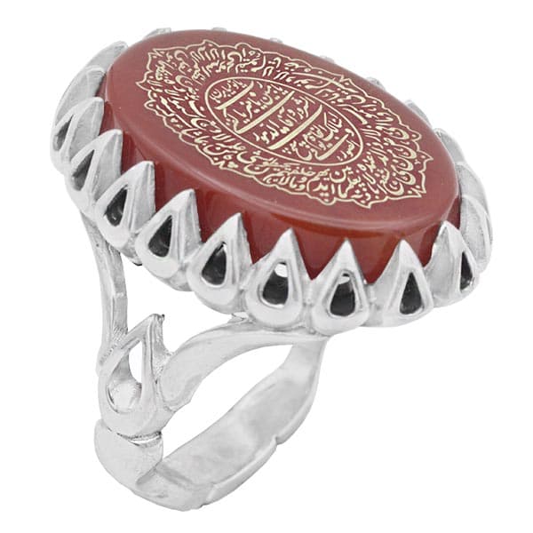 انگشتر عقیق سرخ نقره مردانه طرح اسماعیل + حرز امام جواد (ع) + آیت الکرسی