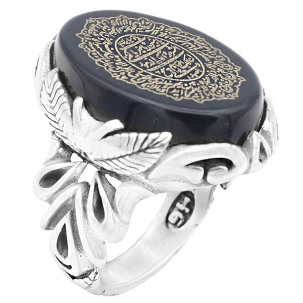 انگشتر عقیق مشکی نقره مردانه طرح جبرئیل + حرز امام جواد (ع) + آیت الکرسی — تصویر ۷
