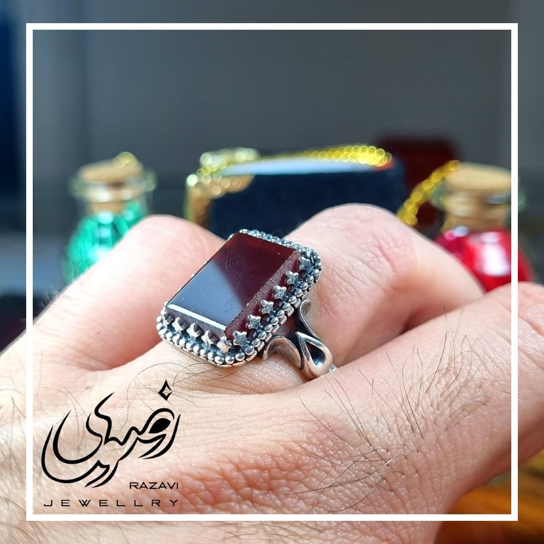 انگشتر عقیق سرخ نقره مردانه طرح رهبری — تصویر ۸