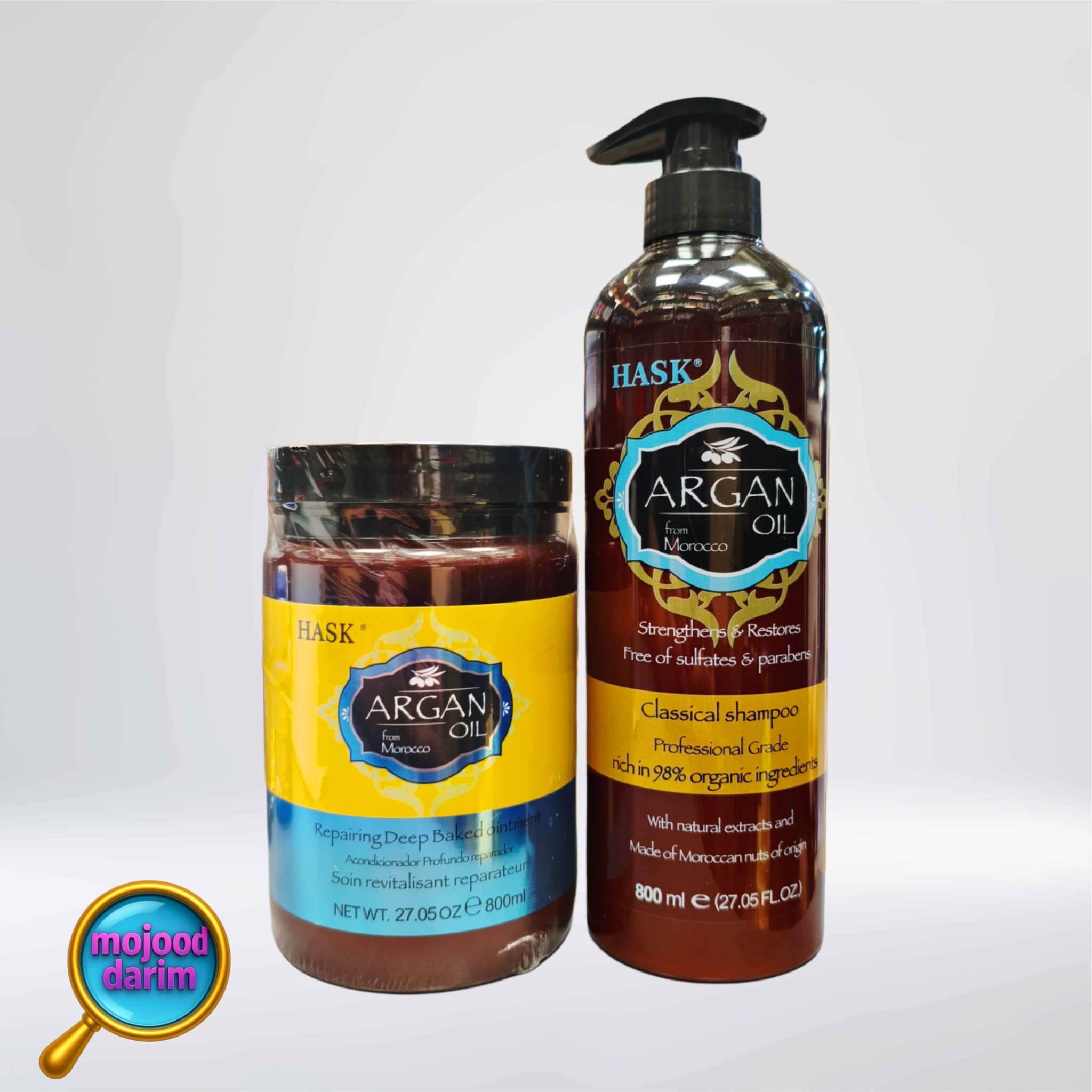 پکیج مو بدون سولفات و پارابن آرگان هاسک شامل شامپو و ماسک مو هاسک | HASK ARGAN OIL