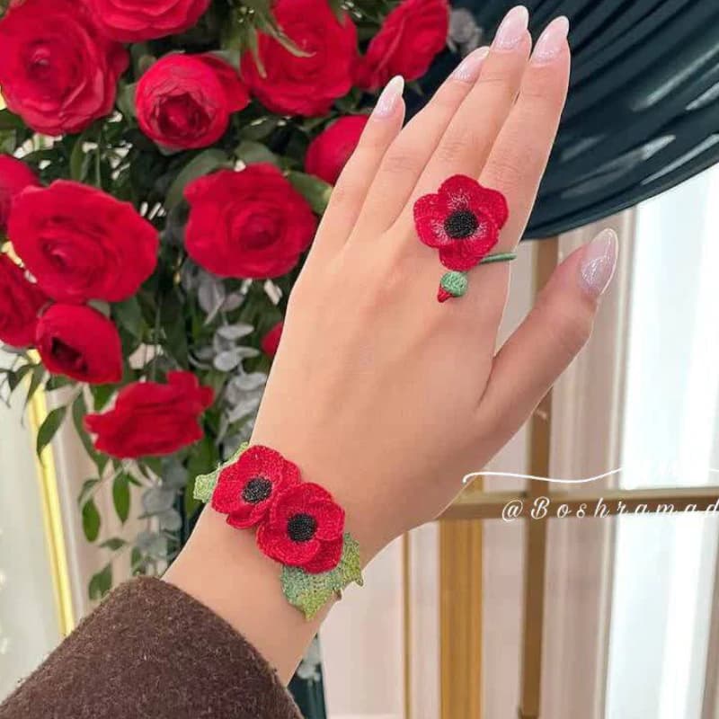 ست انگشتر و دستبند گل رز قرمز کد 402