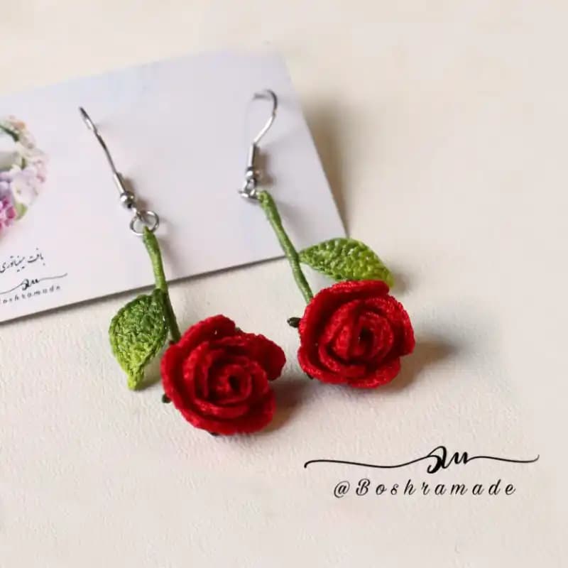 گوشواره گل رز شاخه ای قرمز کد A564 — تصویر ۴