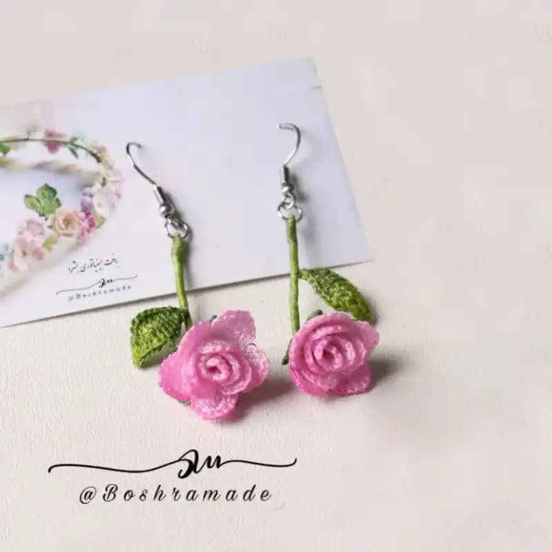 گوشواره گل رز شاخه ای صورتی کد A563