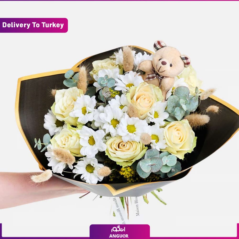 دسته گل داوودی و خرس (ارسال گل به ترکیه)