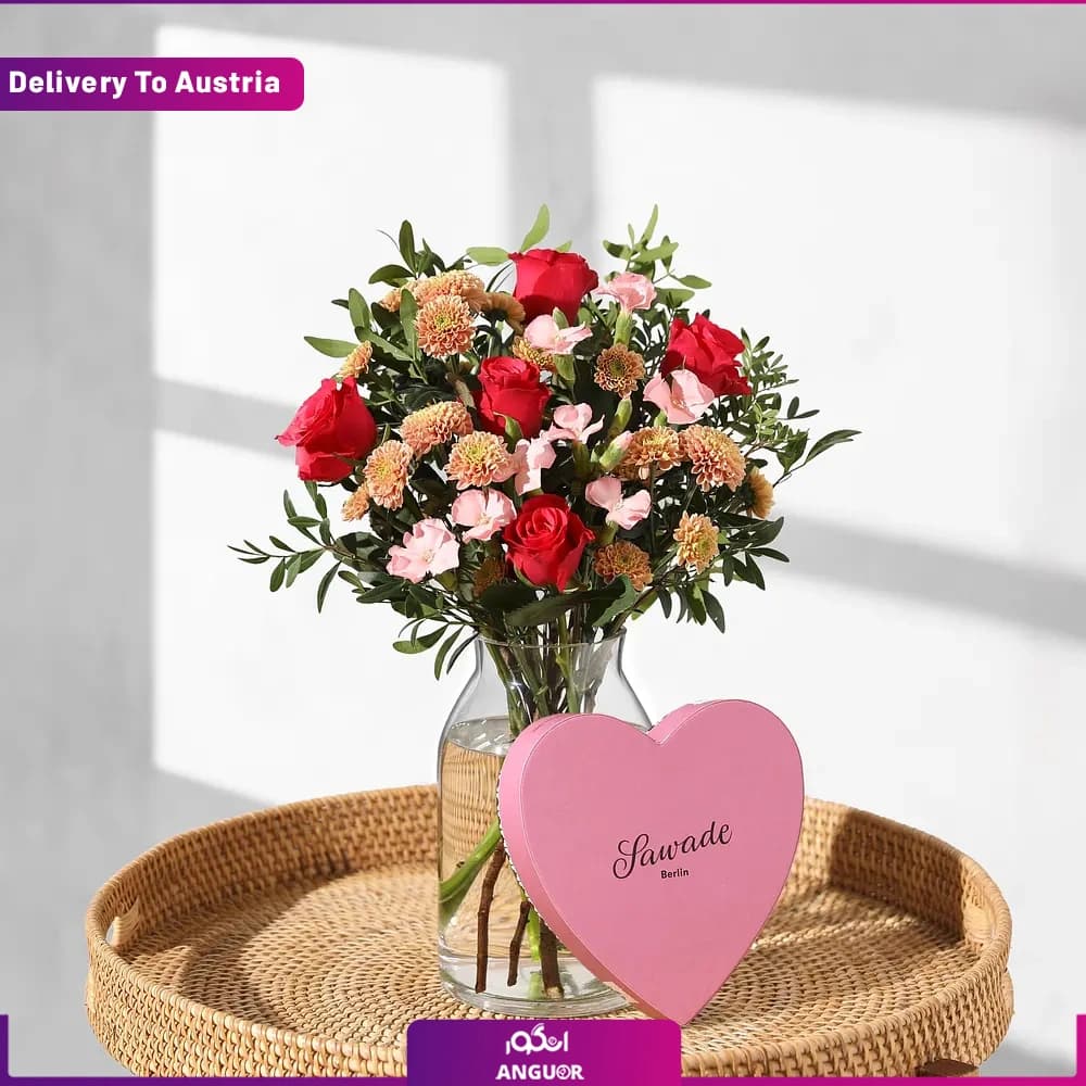 دسته گل زیبای ولنتاینی + جعبه شکلات (Delivery to Austria)