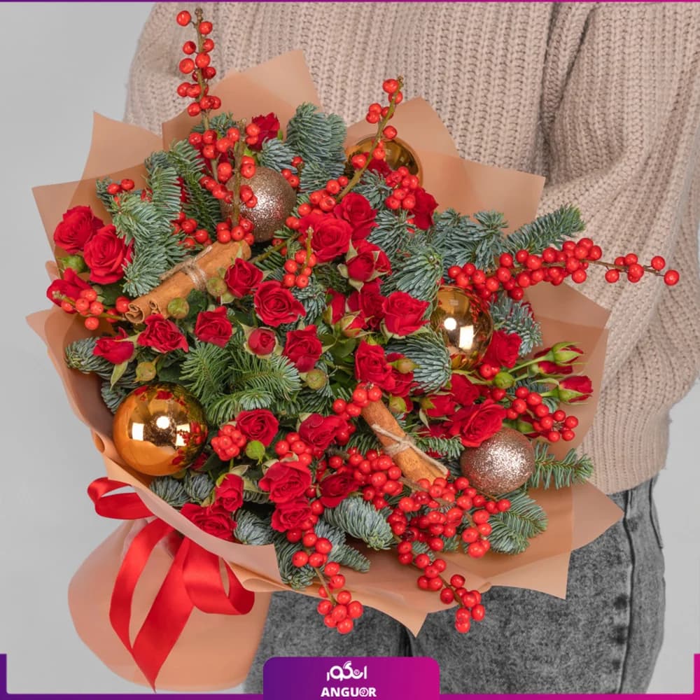 دسته گل کریسمس به همراه رز و دارچین (سال نو میلادی) — تصویر ۳