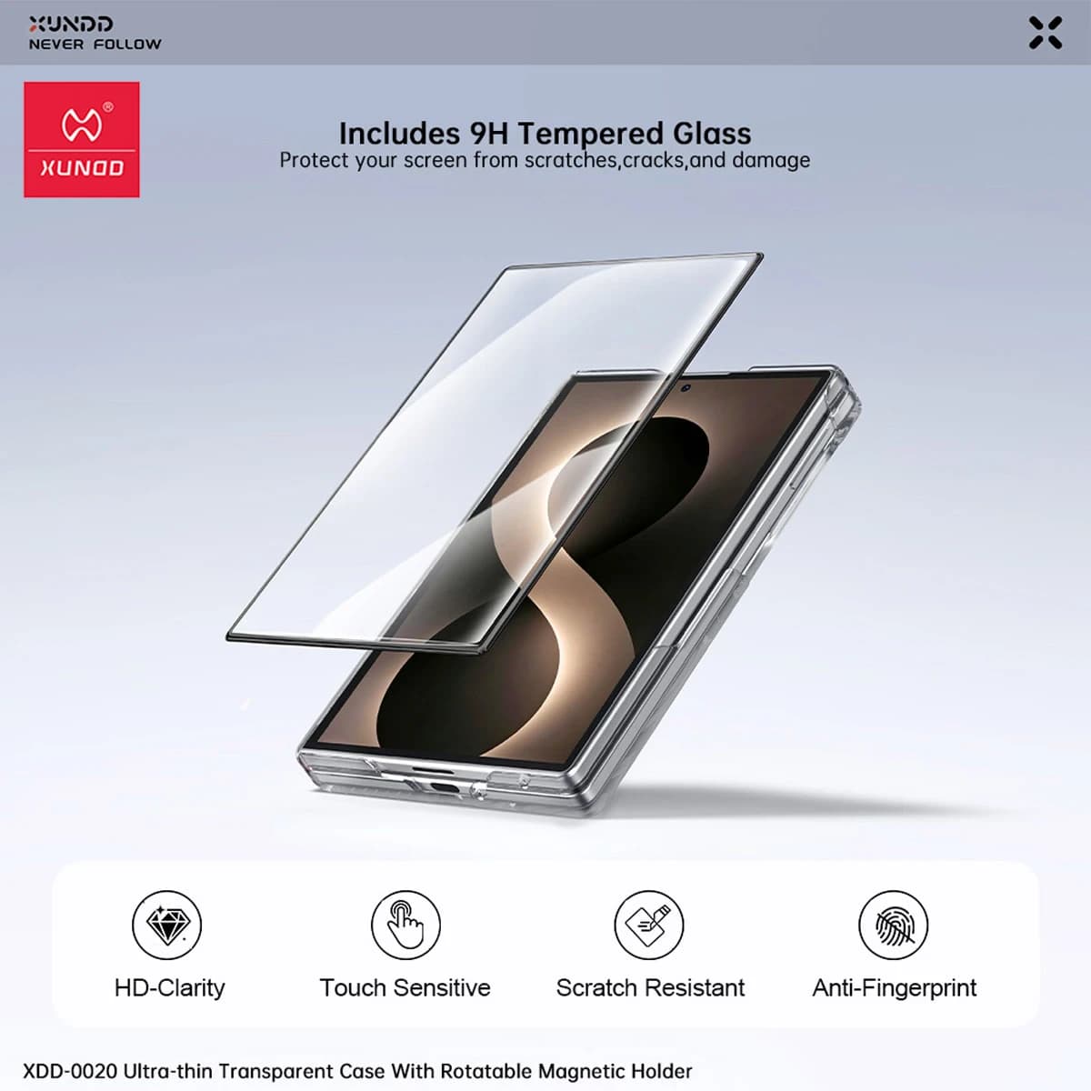 گارد کریستالی با گلس صفحه نمایش بیرونی Galaxy Z Fold 8 مارک XUNDD سری Ultra-Thin Rotatable — تصویر ۶