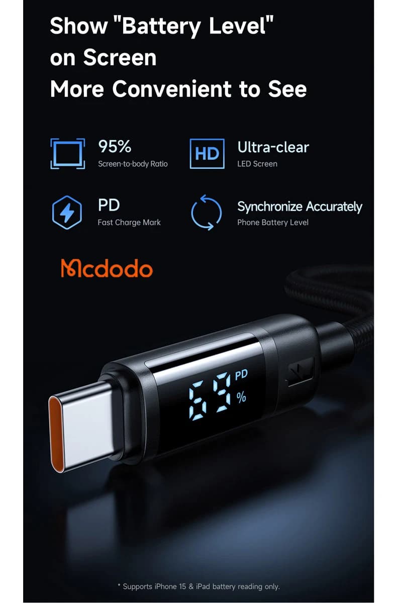 کابل شارژ 60وات دو سر Type-C نمایشگر دار 1.2 متر برند مک دودو مدل Mcdodo CA-5780 — تصویر ۱۱