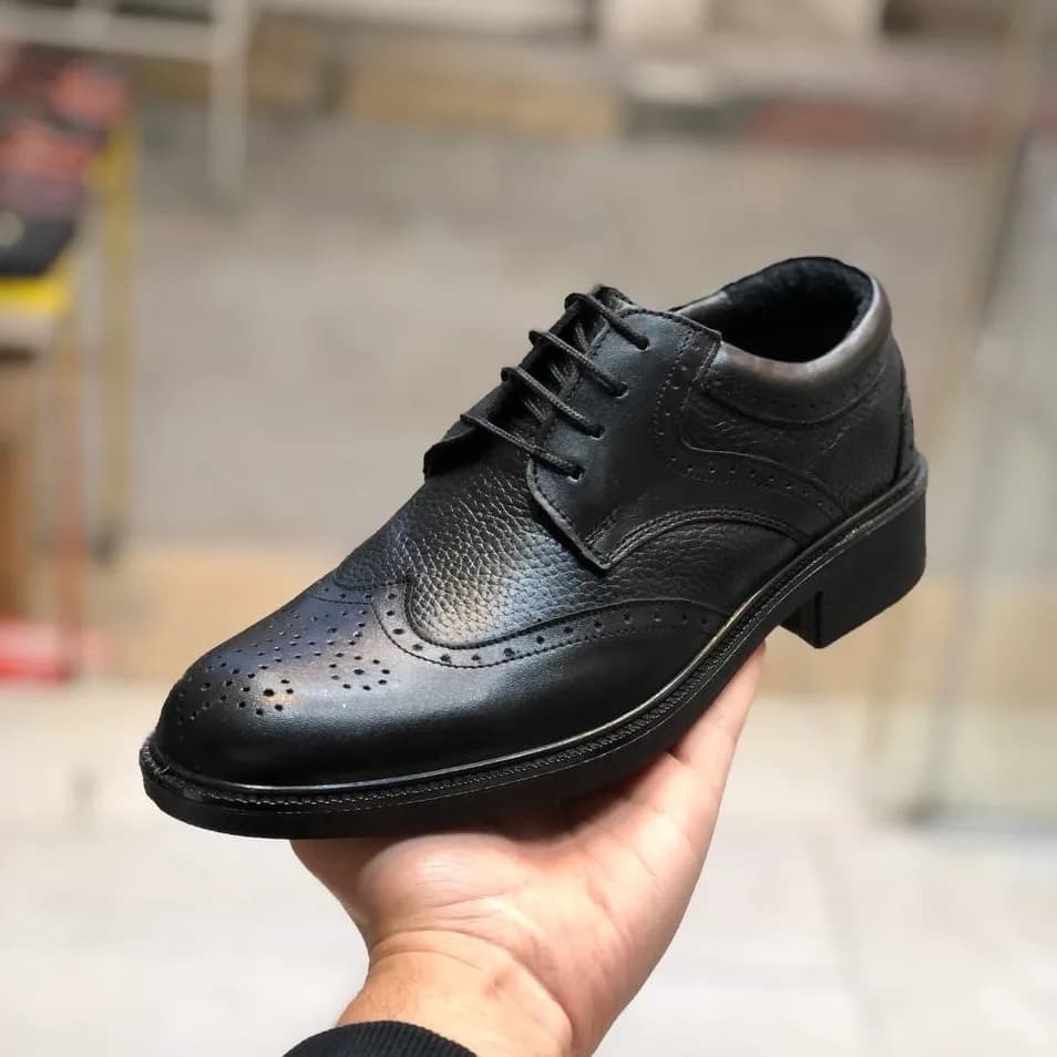 کفش چرم مردانه هشترگ برند رخشی مشکی سایز 40 تا 44 رویه چرم طبیعی آستر بزی زیره پیو ضمانت کیفیت — تصویر ۳