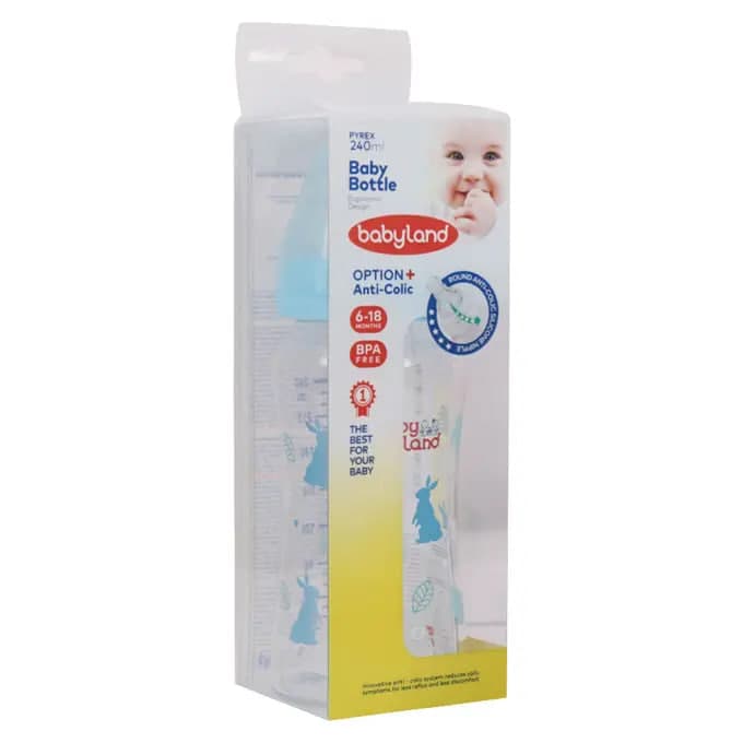 شیشه شیر پیرکس فاقد دسته 6 تا 18 ماه 240 ml پسرانه بی بی لند کد 462 بی بی لند babyland