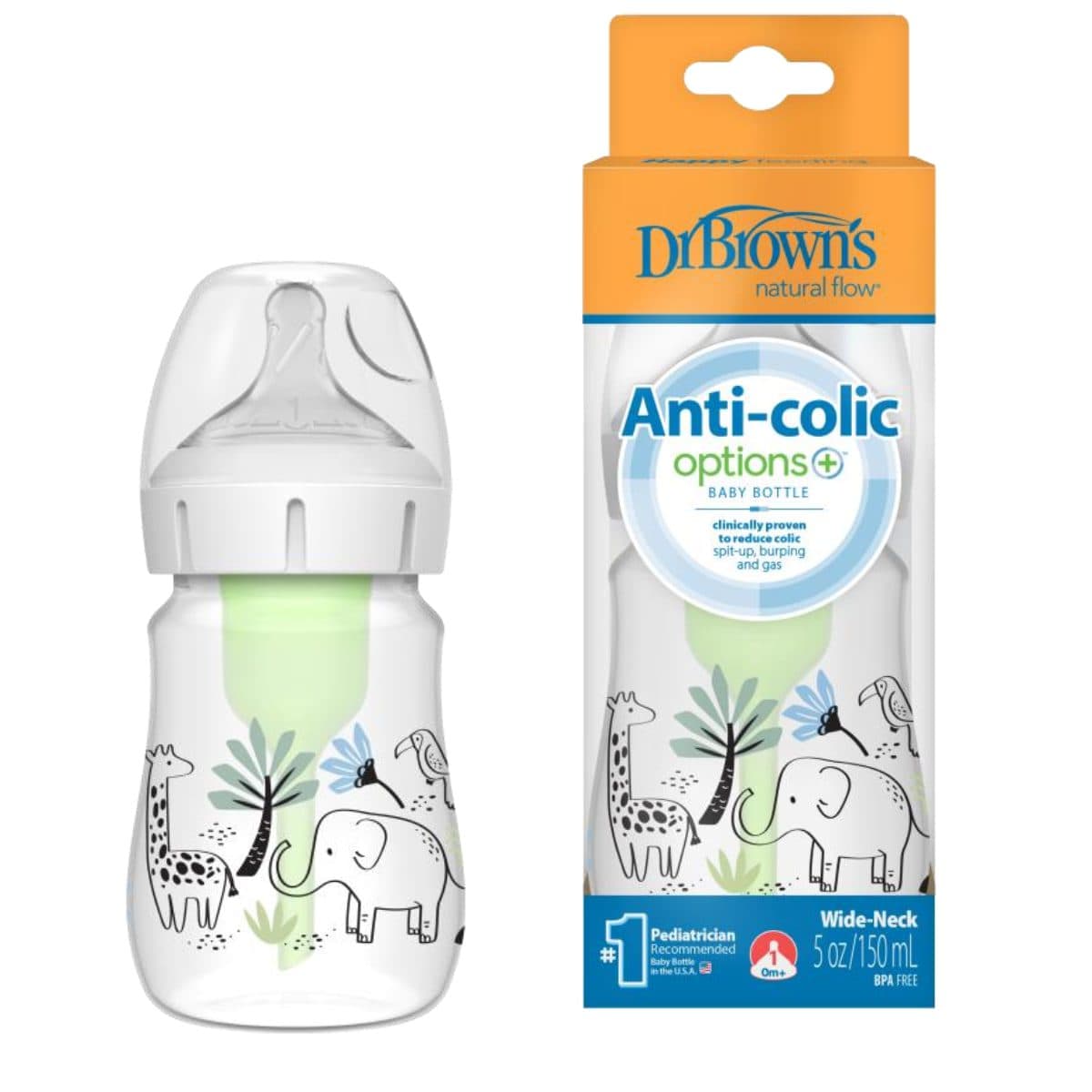 شیشه شیر طلقی ۱۵۰ میل آپشن پلاس عریض دکتر براونز طرح زرافه و فیل we51008-intx Dr Brown’s — تصویر ۲