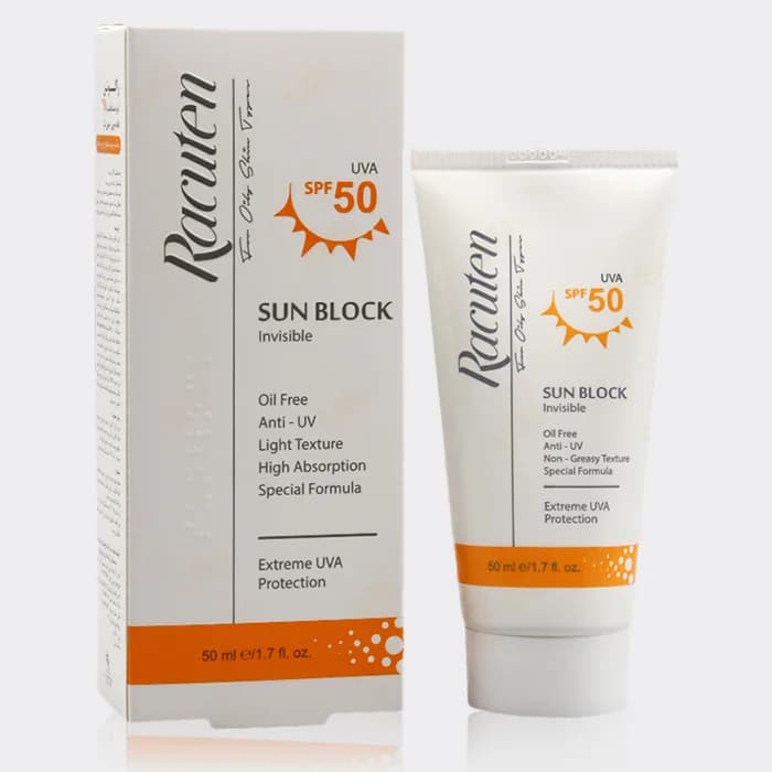 کرم ضد آفتاب بدون چربی راکوتن Racuten SUN BLOCK INVISIBLE SPF 50 OIL FREE 50 ml — تصویر ۳