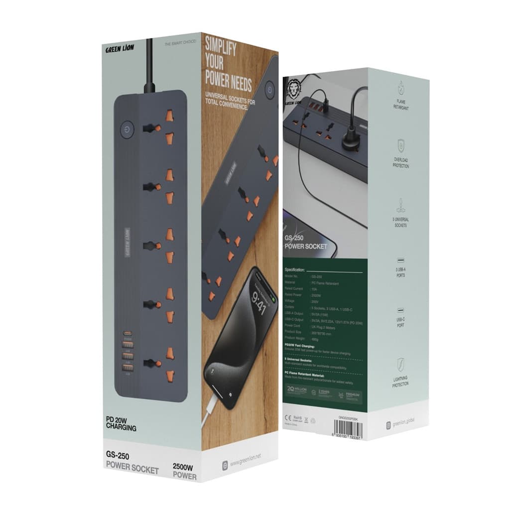 چندراهی برق و شارژر دیواری 2500 وات گرین لاین مدل GNGS250PSBK GS-250 — تصویر ۵