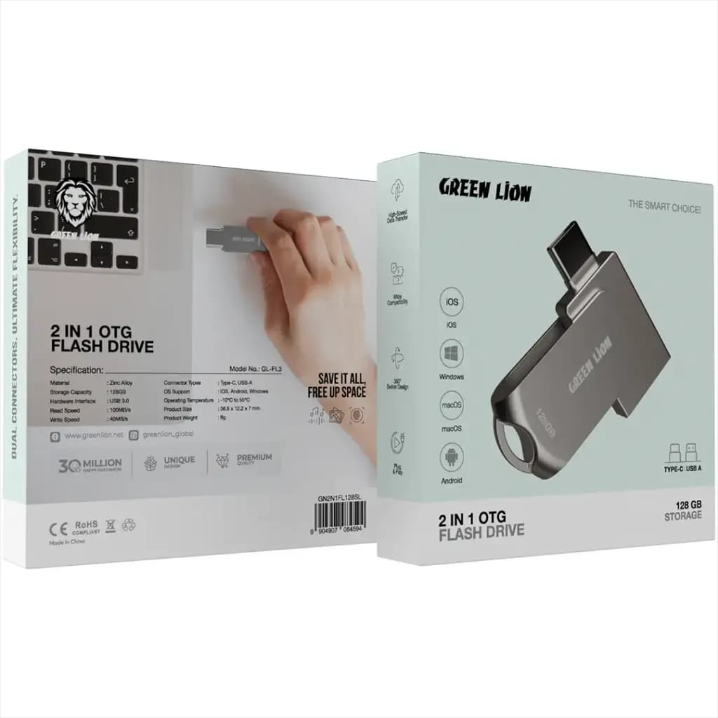فلش مموری تایپ سی گرین لاین 2in1 128GB مدل OTG GN2N1FL128SL — تصویر ۳