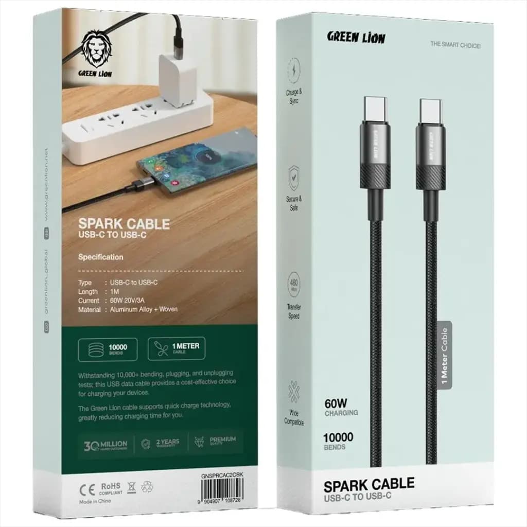 کابل USB‑C به USB‑C گرین لاین مدل Spark GNSPRCAC2CBK — تصویر ۳