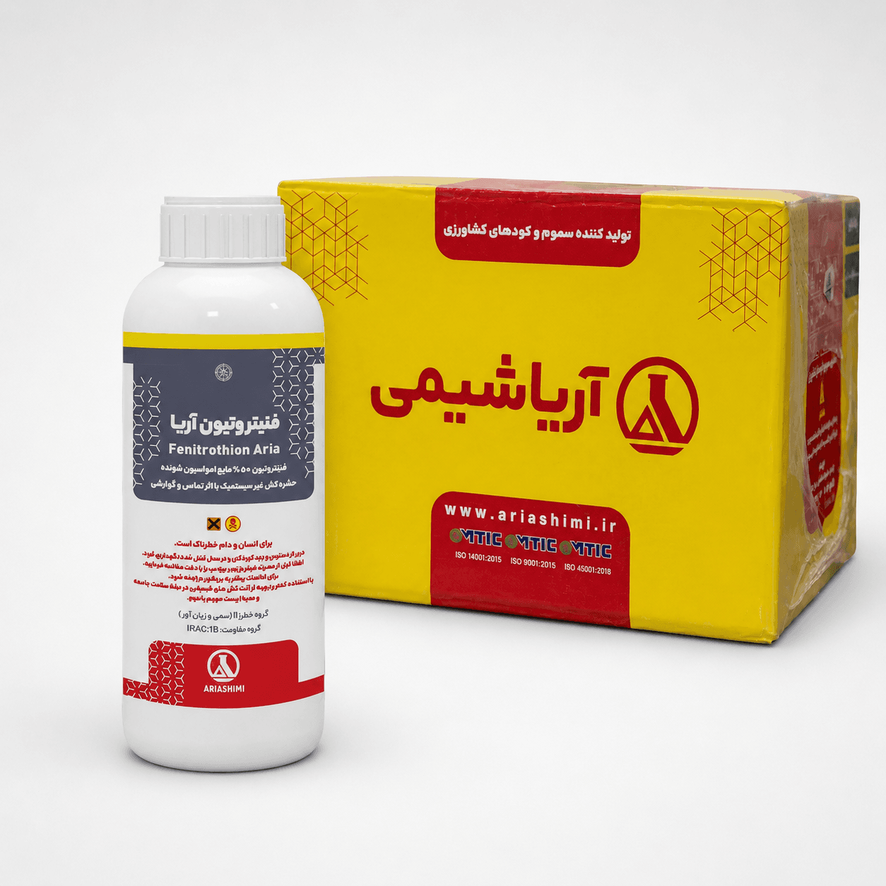 حشره‌کش فنیتروتیون آریاشیمی ۵۰٪ EC یک لیتری (فروش عمده – کارتن ۱۲ عددی)