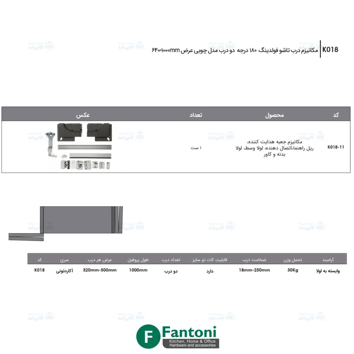 مکانیزم درب تاشو فولد 180 درجه دو درب عرض 1000mm فانتونی K018 — تصویر ۴