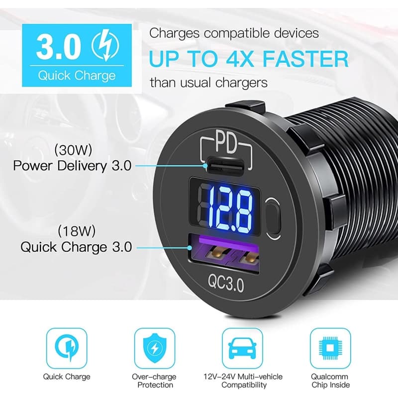 شارژر USB خودرویی روپنلی QC3.0 + Type-C با نمایشگر ولتاژ و کلید ON/OFF — تصویر ۷