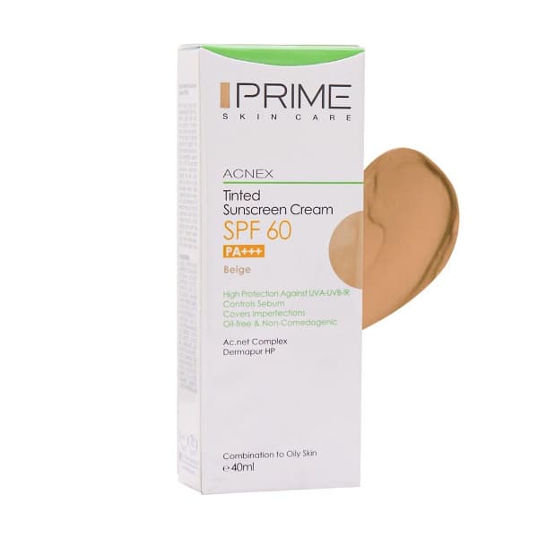 کرم ضد آفتاب رنگ بژ فاقد چربی پرایم SPF60 مدل ACNEX مناسب پوست مختلط تا چرب حجم 40 میل