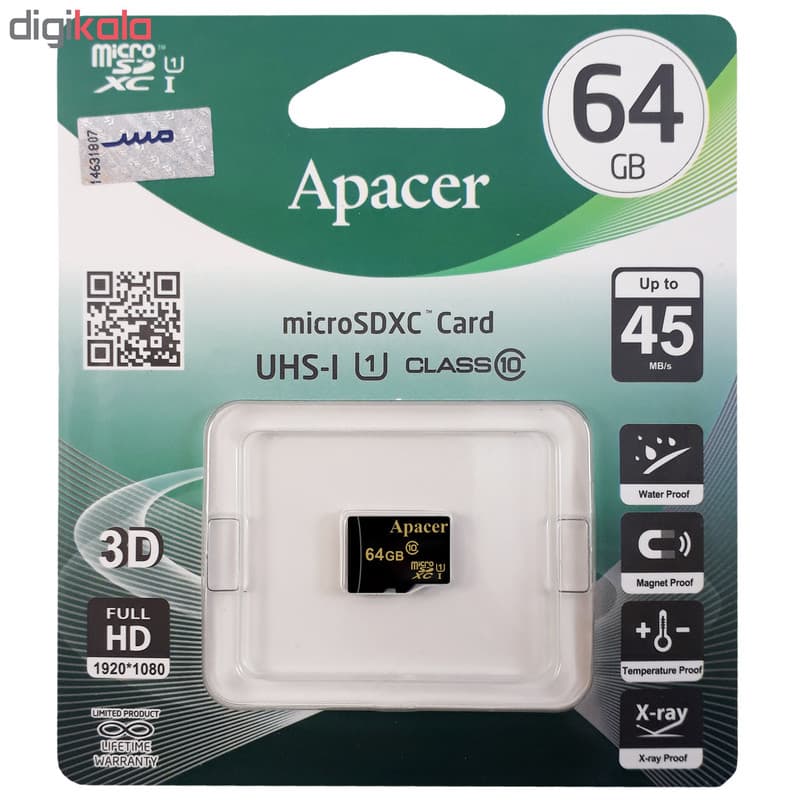 کارت حافظه microSDXC اپیسر مدل AP64GA کلاس 10 استاندارد UHS-I U1 سرعت 45MBps ظرفیت 64 گیگابایت