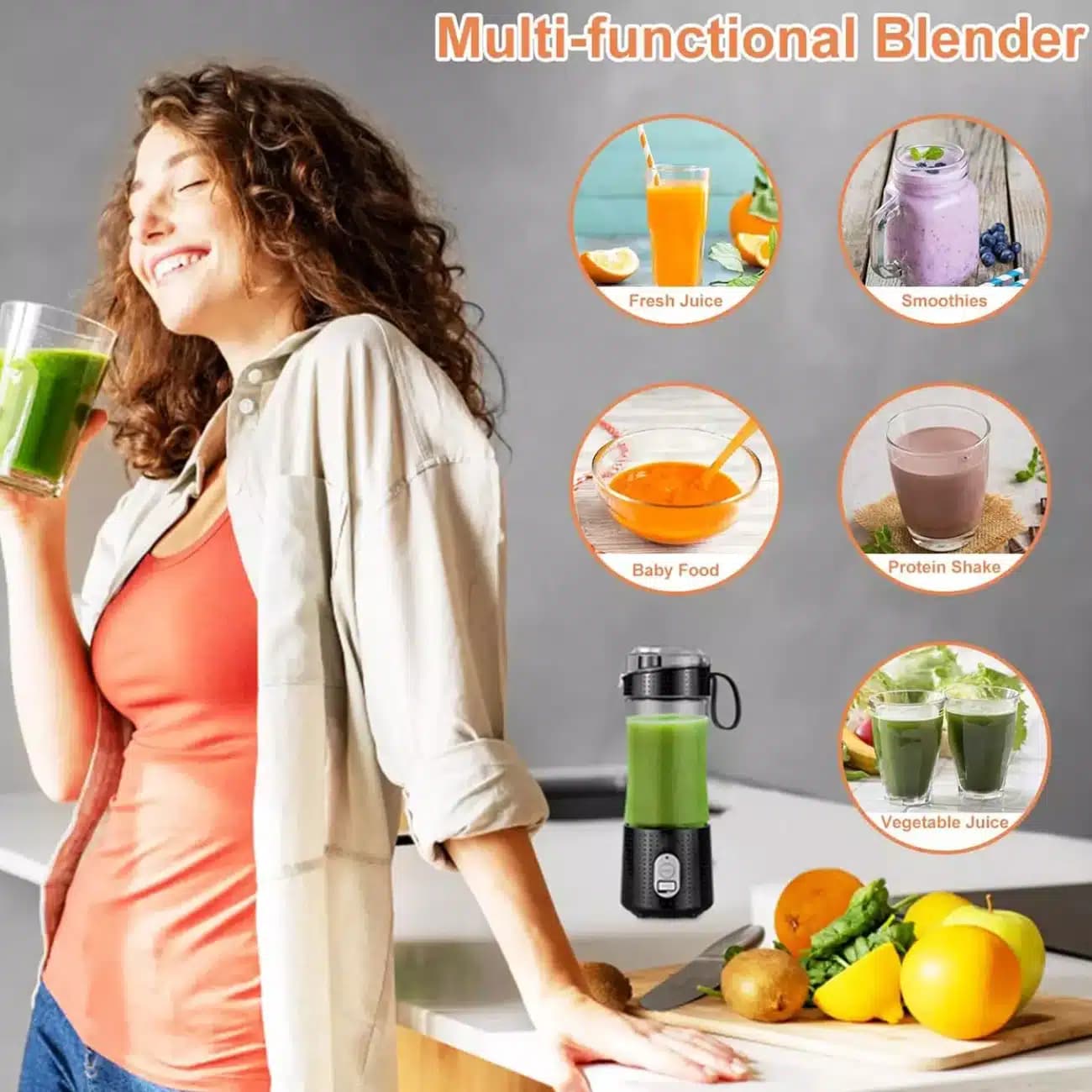 شیکر و آبمیوه گیری شارژی قابل حمل 380 میلی لیتر گرین لاین GNBLNDMPJBK — تصویر ۱۱