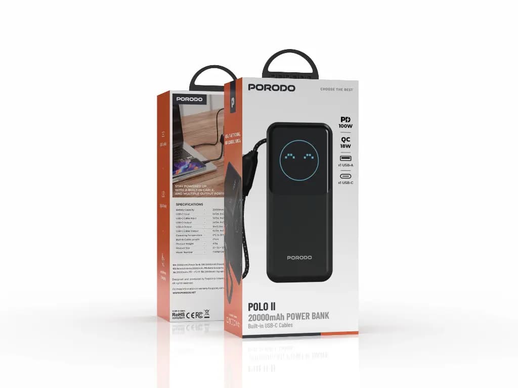 پاوربانک 20000 میلی‌آمپرساعت پرودو مدل Porodo POLO II 20000mAh Power Bank Built-in USB-C Cables (Black) — تصویر ۸