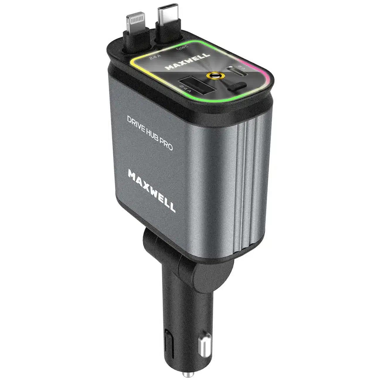 شارژر فندکی فست شارژ ماشین تایپ‌سی و یو‌اس‌بی 120 وات مکسول Maxwell Drive Hub Pro با کابل متصل تایپ‌سی و لایتنینگ — تصویر ۲