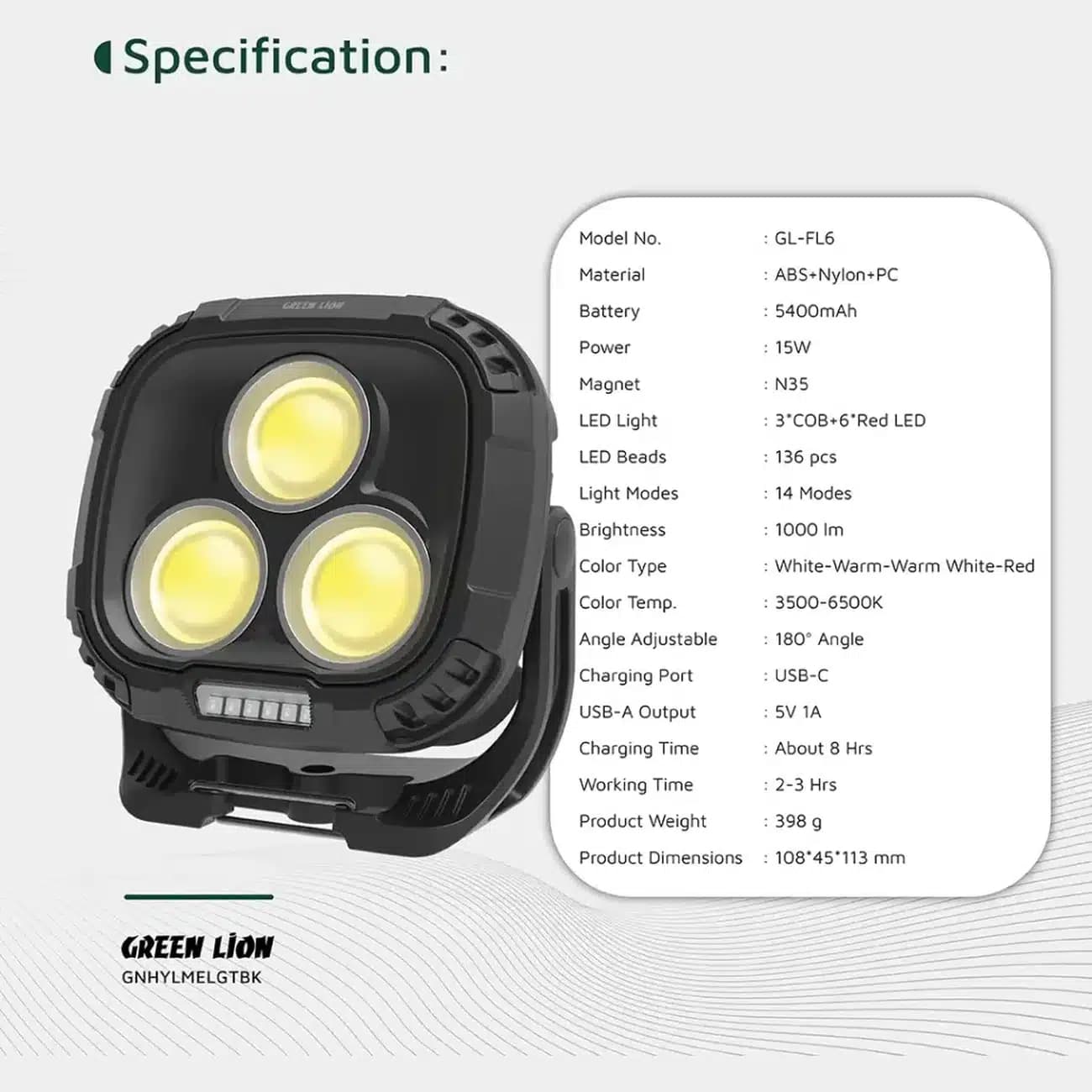 چراغ کمپینگ شارژی گرین لاین Green Lion مدل ‎ GL-FL6 — تصویر ۵